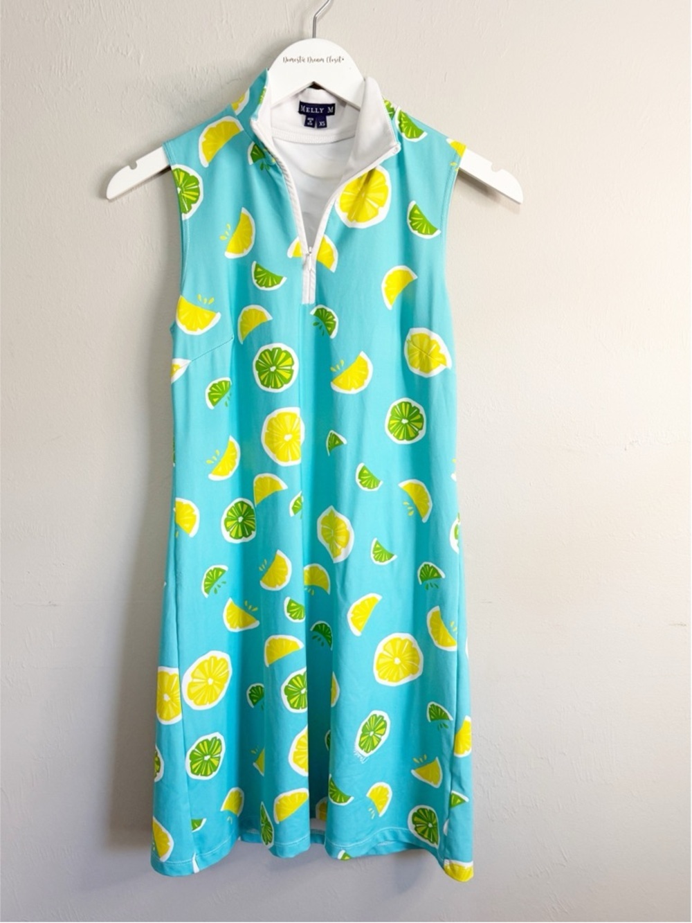 MELLY M Women’s Blue Yellow Green LEMON LIME Print DELRAY Dress Zip Collar XS